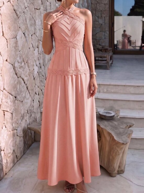 Dresses & Skirts - Dusty Pink Elegant Women's Halter Neck Lace Trim Patchwork Long Dress